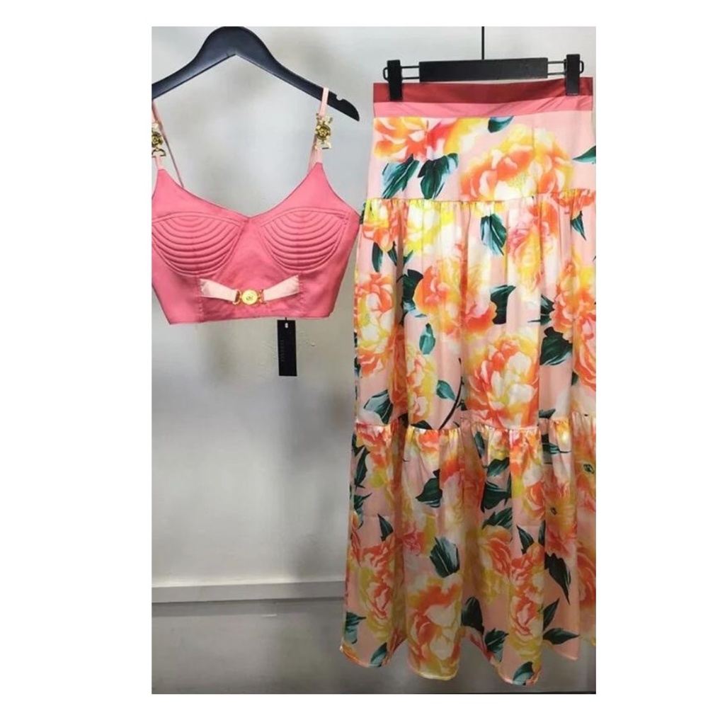 NWT Satin Multi Set embellished Crop top and Maxi Skirt Med